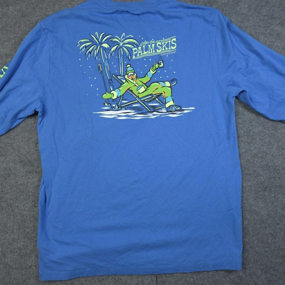 Vineyard Vines Shirt Mens Medium Blue Long Sleeve Palm Skis Retro Apres Skiing